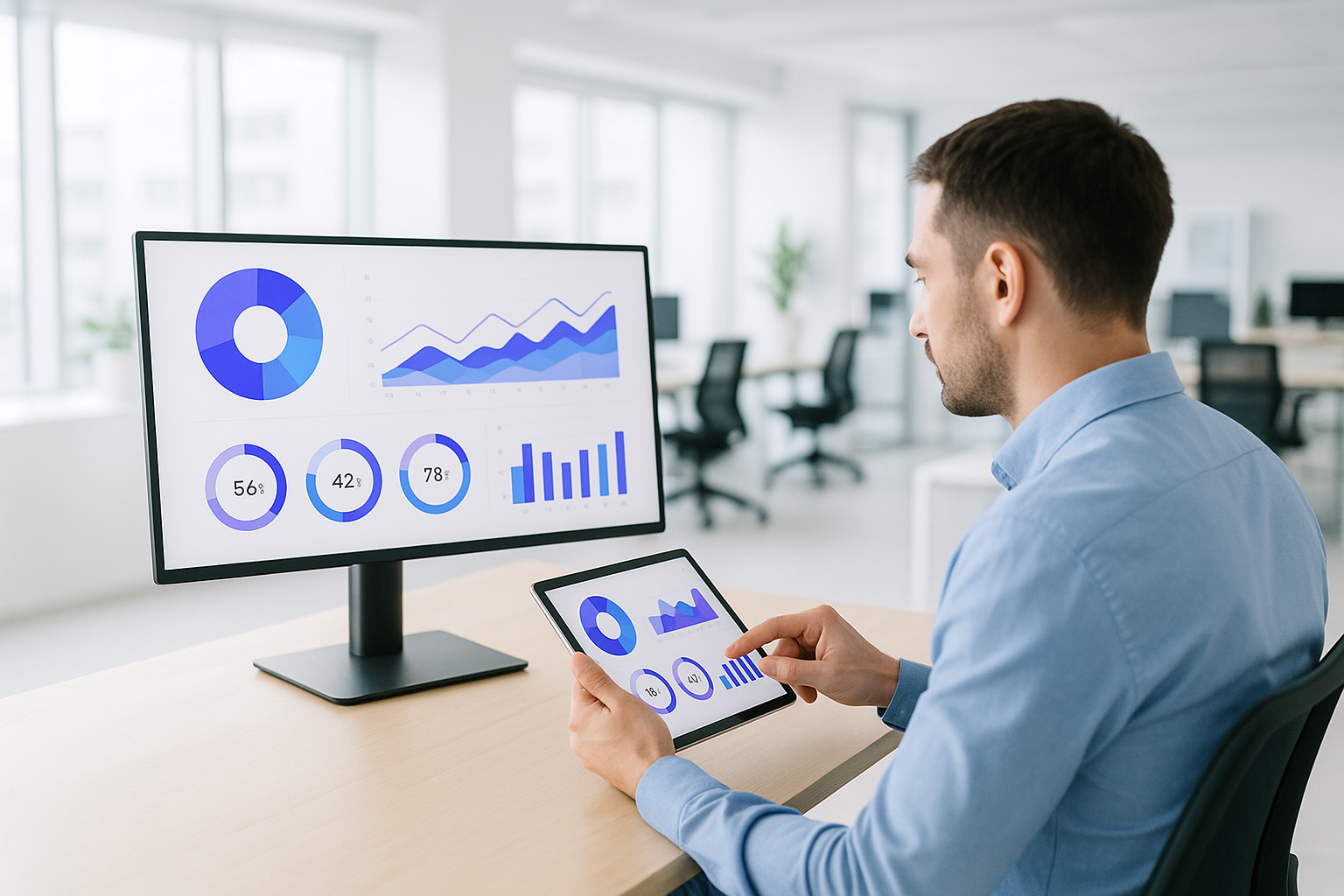 管理者在桌機與平板檢視 AI ERP 即時營運儀表板