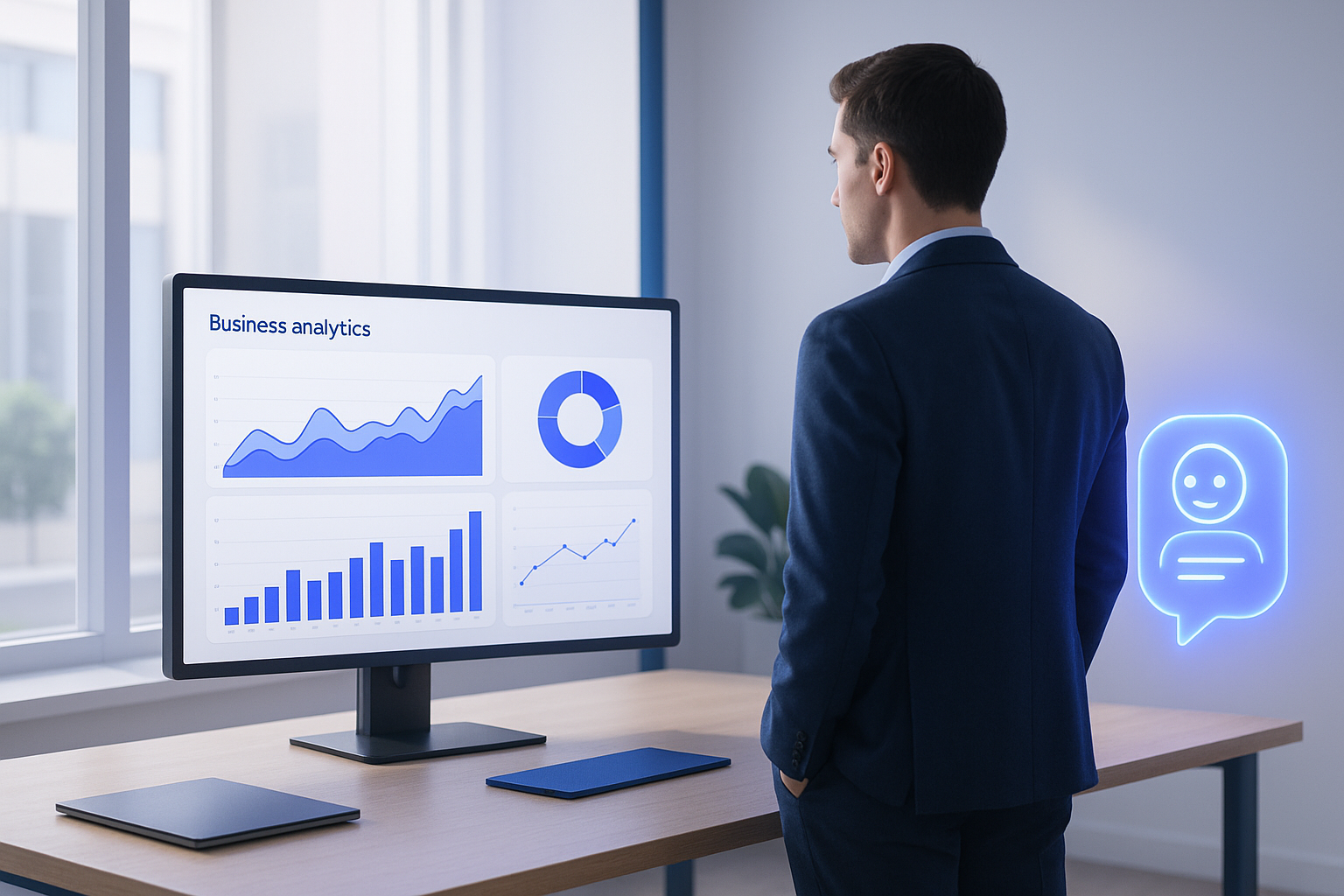 AI ERP 智能企業後台與 AI 小秘書示意